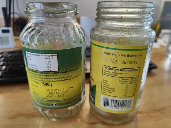 The backs of a jar of "Mother's Recipe" brand Karnataka Cut Mango pickle, expiry Jan 2017, and one of "Priya" brand Gongura pickle (Hibiscus Cannabinus with garlic in oli), expiry Feb 2016. A good run. Both tasted fine as of yesterday.