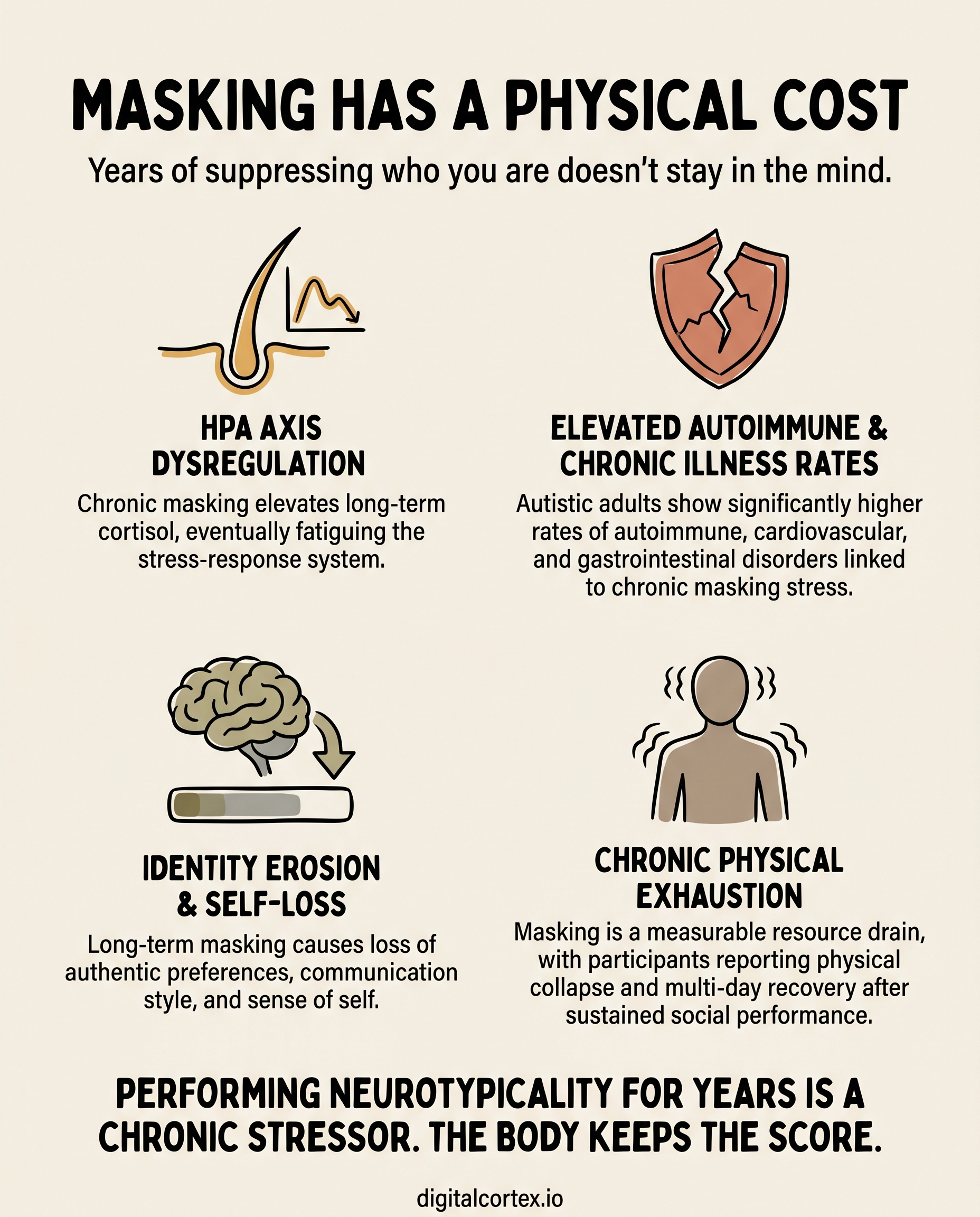 Masking has a physical cost: years of suppressing who you are doesn’t stay in the mind.

HPA axis dysregulation: Chronic masiking elevates long‐term cortisol, eventually fatiguing the stress‐response system.

Elevated autoimmune & chronic illness rates: Autistic adults show significantly higher rates of autoimmune, cardiovascular, and gastrointestinal disorders linked to chronic masking stress.

Identity erosion & self‐loss: Long‐term masking causes loss of authentic preferences, communication style, and sense of self.

Chronic physical exhaustion: Masking is a measurable resource drain, with participants reporting physical collapse and multi‐day recovery after sustained social performance.

Performing neurotypicality for years is a chronic stressor. The body keeps the score.

digital cortex.io
