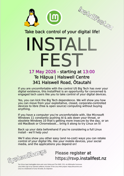 Poster providing the details for the second InstallFest at Halswell Library on Sun 17 May, starting at 13:00.