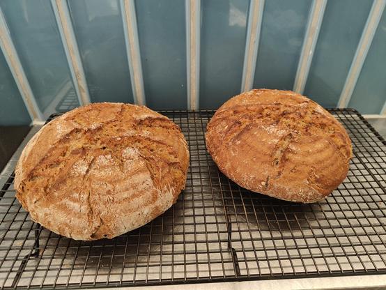 Two round loaves from my weekly bake cooling enticingly.