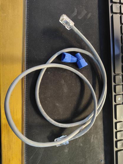 Close up of a curled grey cat 6 cable on a desk with clear Ethernet (rj45) plugs on either end... and two blue plastic crimp protectors sitting in the coil, unattached to the cable. 